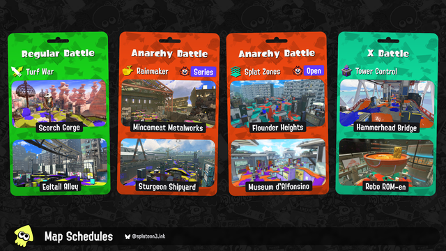Splatoon 3 map rotation:

Regular Battle: Turf War on Scorch Gorge and Eeltail Alley
Anarchy Battle (Series): Rainmaker on Mincemeat Metalworks and Sturgeon Shipyard
Anarchy Battle (Open): Splat Zones on Flounder Heights and Museum d'Alfonsino
X Battle: Tower Control on Hammerhead Bridge and Robo ROM-en